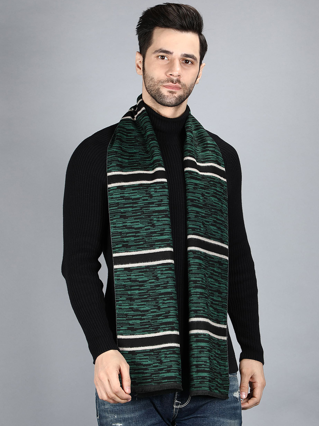 Alvaro Castagnino Men Green & Black Striped Merino Wool Muffler
