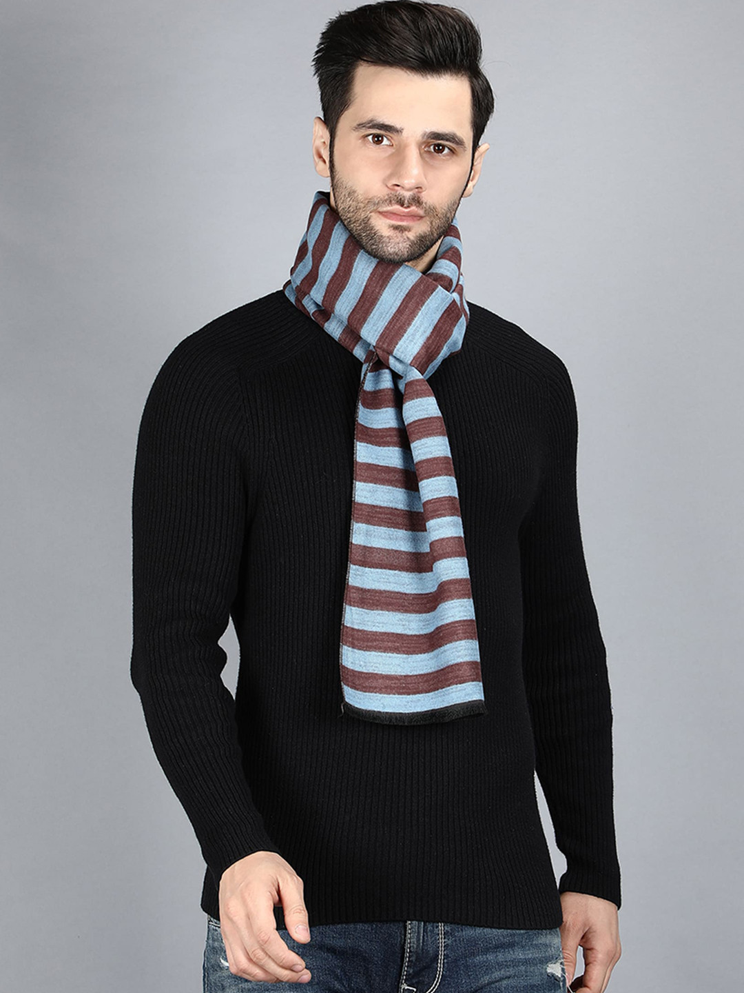 Alvaro Castagnino Men Turquoise Blue & Maroon Striped Merino Wool Muffler