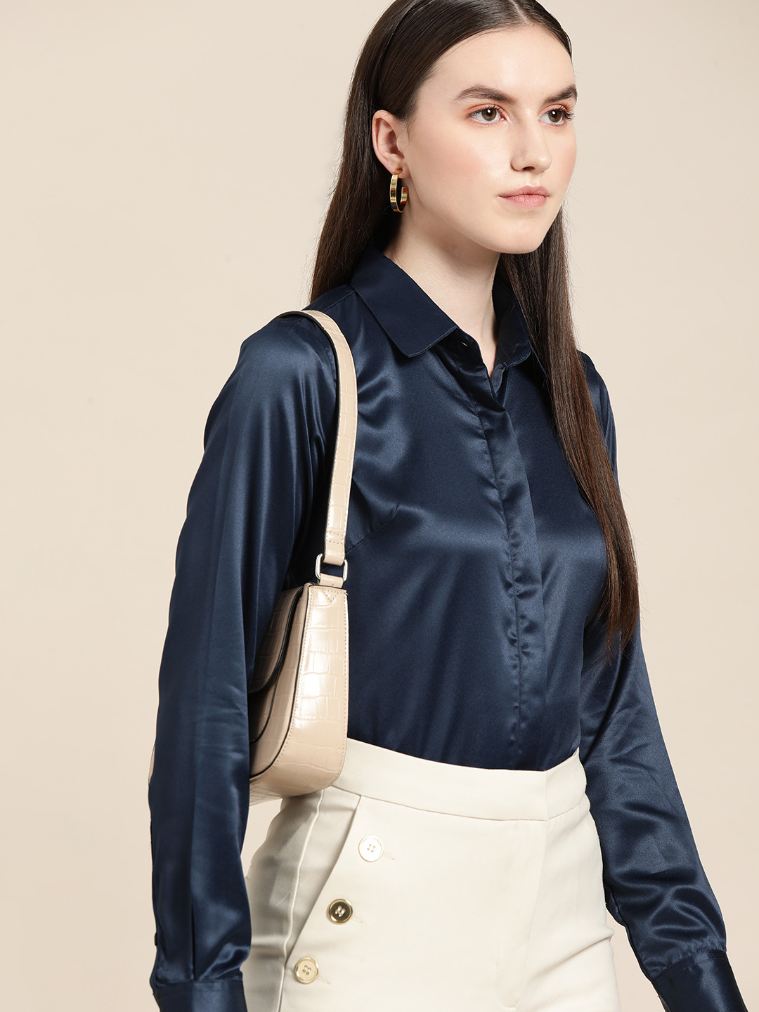 Hancock Women Navy Blue Club Satin Formal Shirt