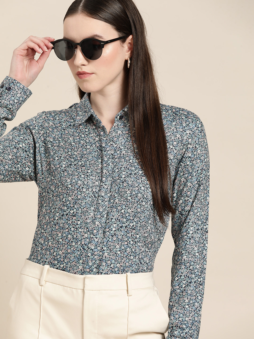 Hancock Navy Blue & White Floral Print Regular Fit Formal Shirt