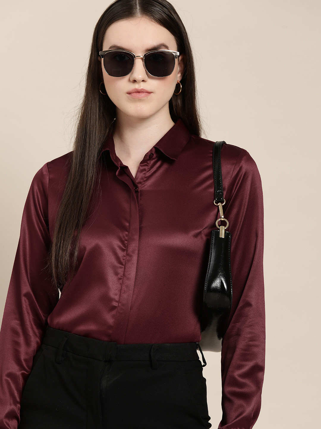 Hancock Women Maroon Club Satin Formal Shirt