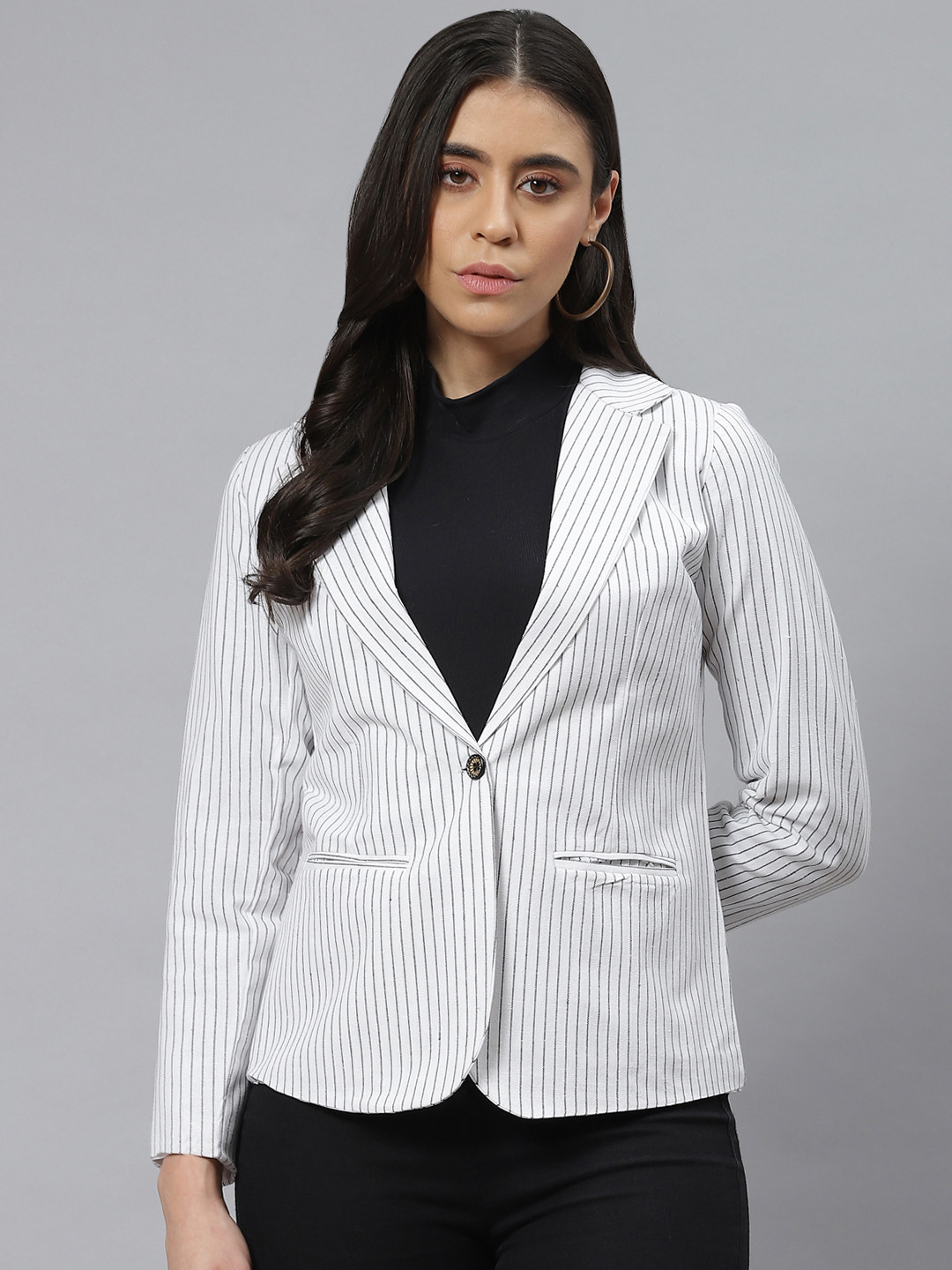 Cottinfab White & Black Striped Pure Cotton Blazer