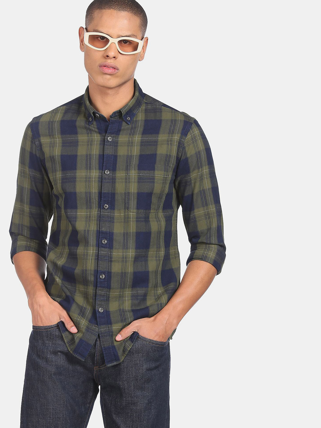 Flying Machine Indigo Button Down Collar Plaid Check Casual Shirt