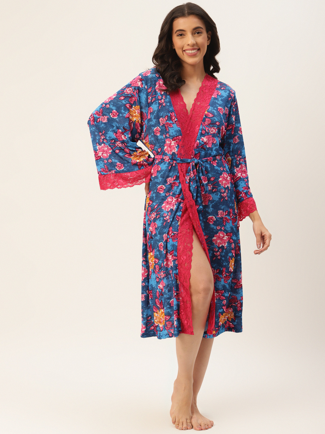 Ms.Lingies Women Floral Print Maxi Robe With Lace Detail