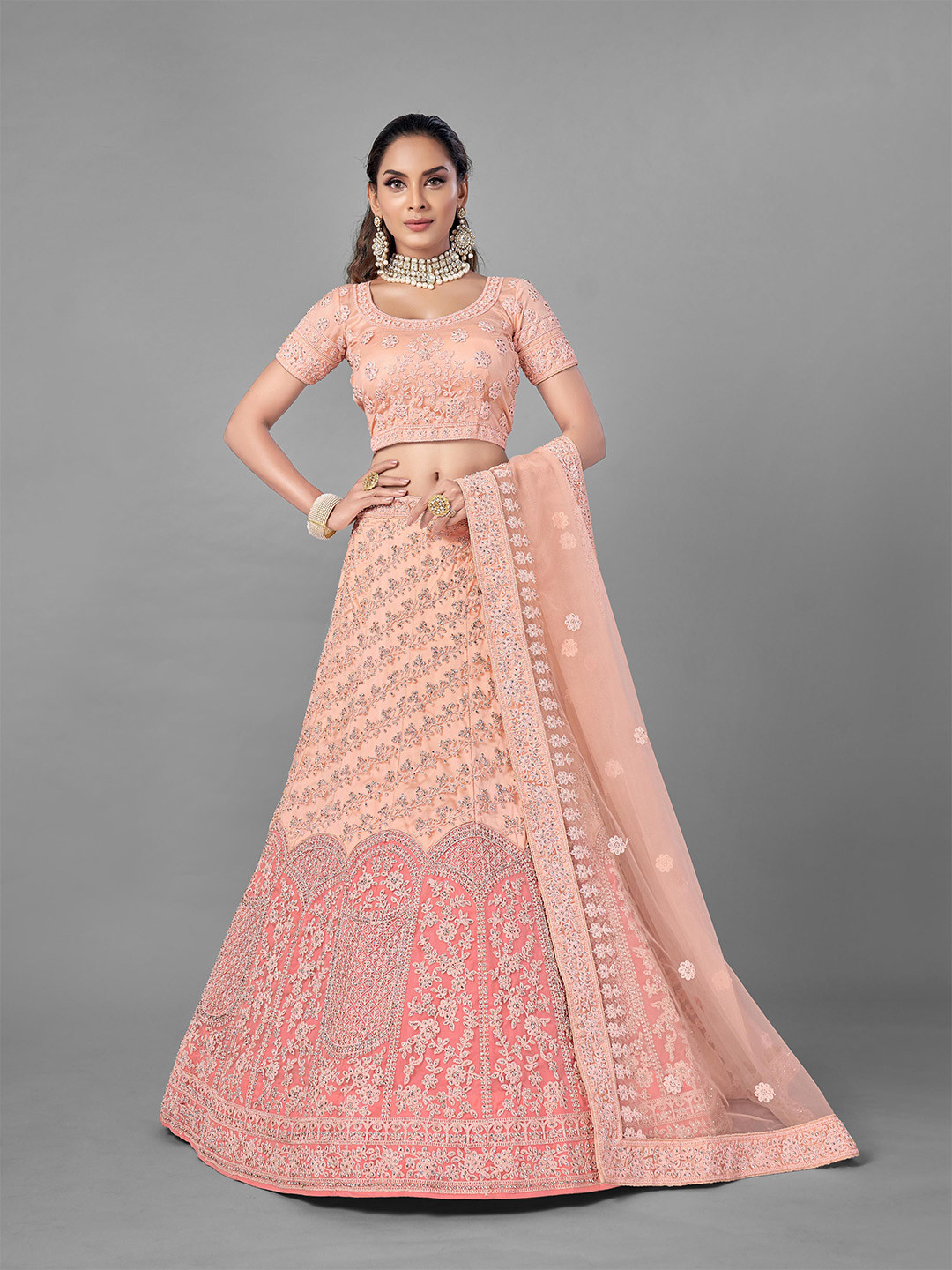 Fusionic Peach-Coloured Embroidered Semi-Stitched Lehenga & Unstitched Blouse With Dupatta