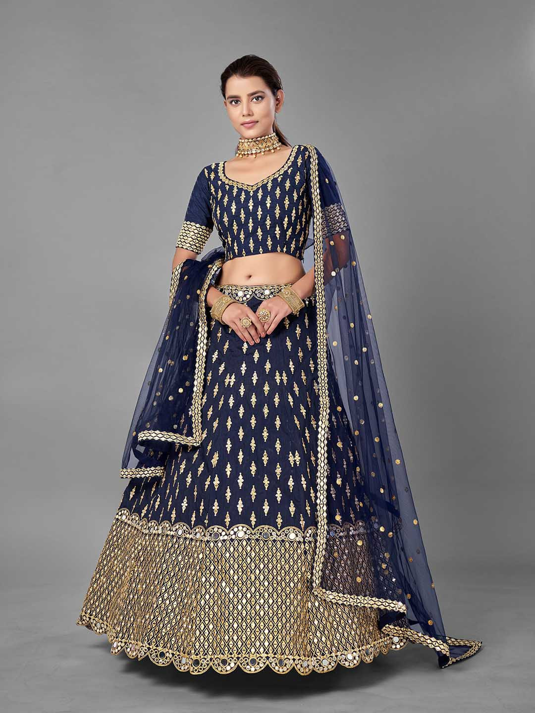 Fusionic Navy Blue & Gold-Toned Embroidered Semi-Stitched Lehenga & Unstitched Blouse With Dupatta