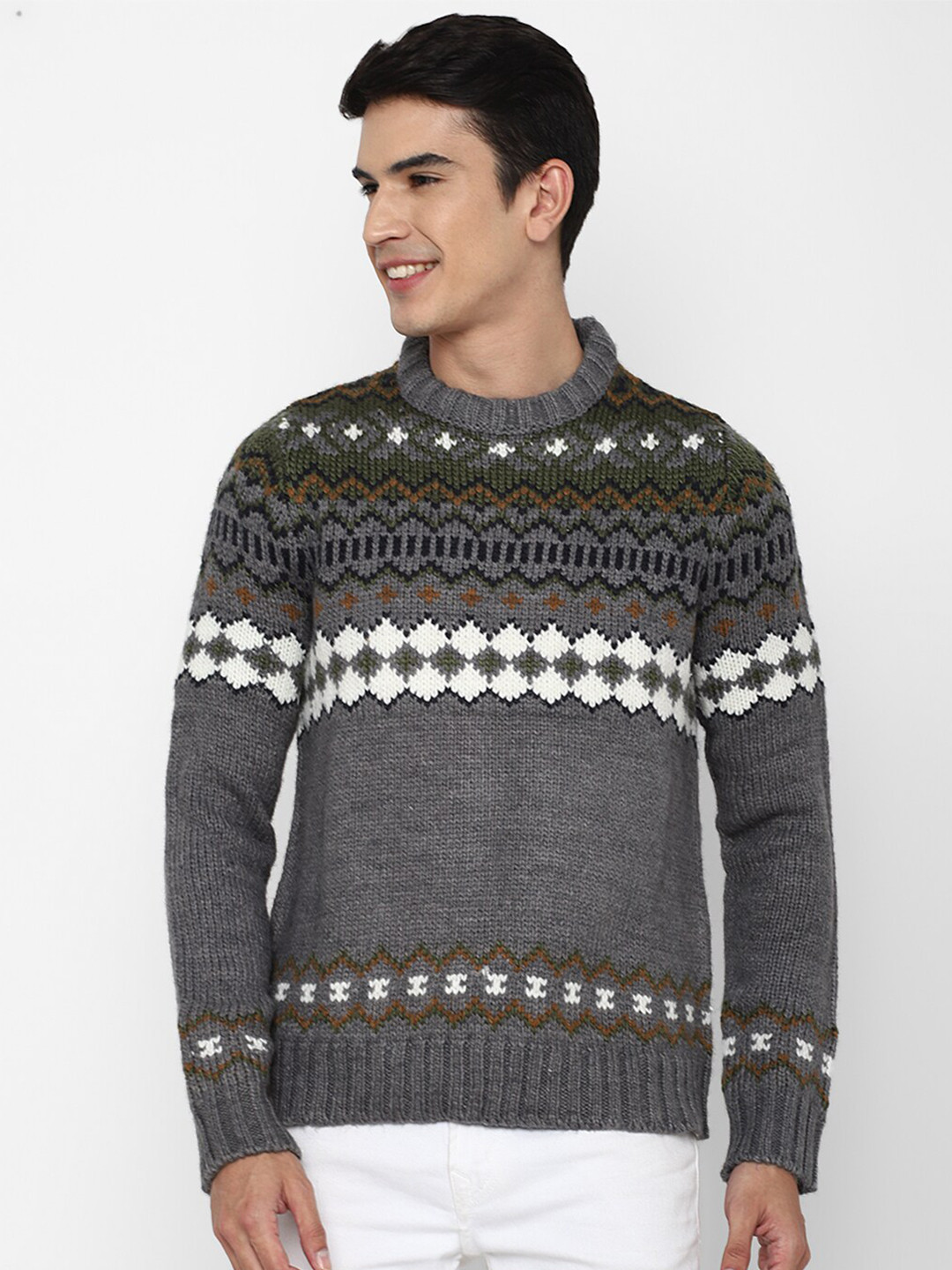 AMERICAN EAGLE OUTFITTERS Men Grey & Olive Green Printed Pullover Sweater