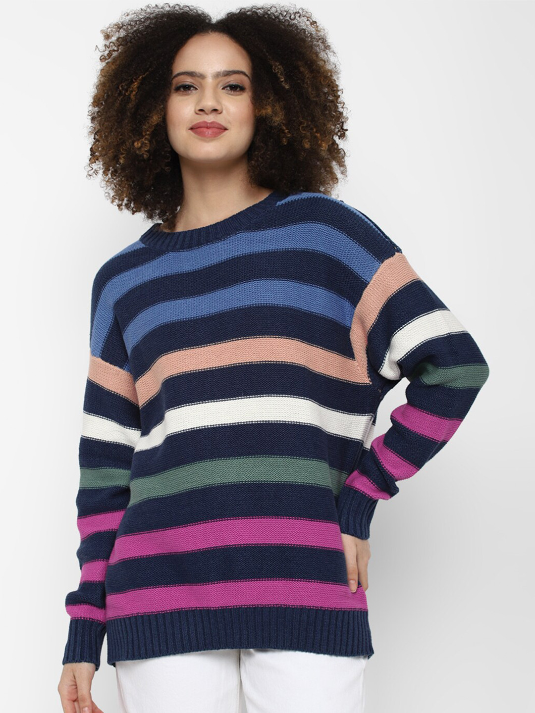 AMERICAN EAGLE OUTFITTERS Women Blue & Black Striped Pullover Sweater