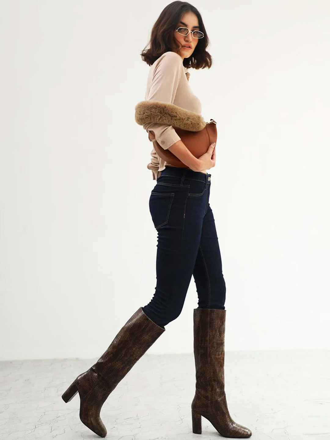 Saint G Women Brown Textured Leather Slouchy Boots