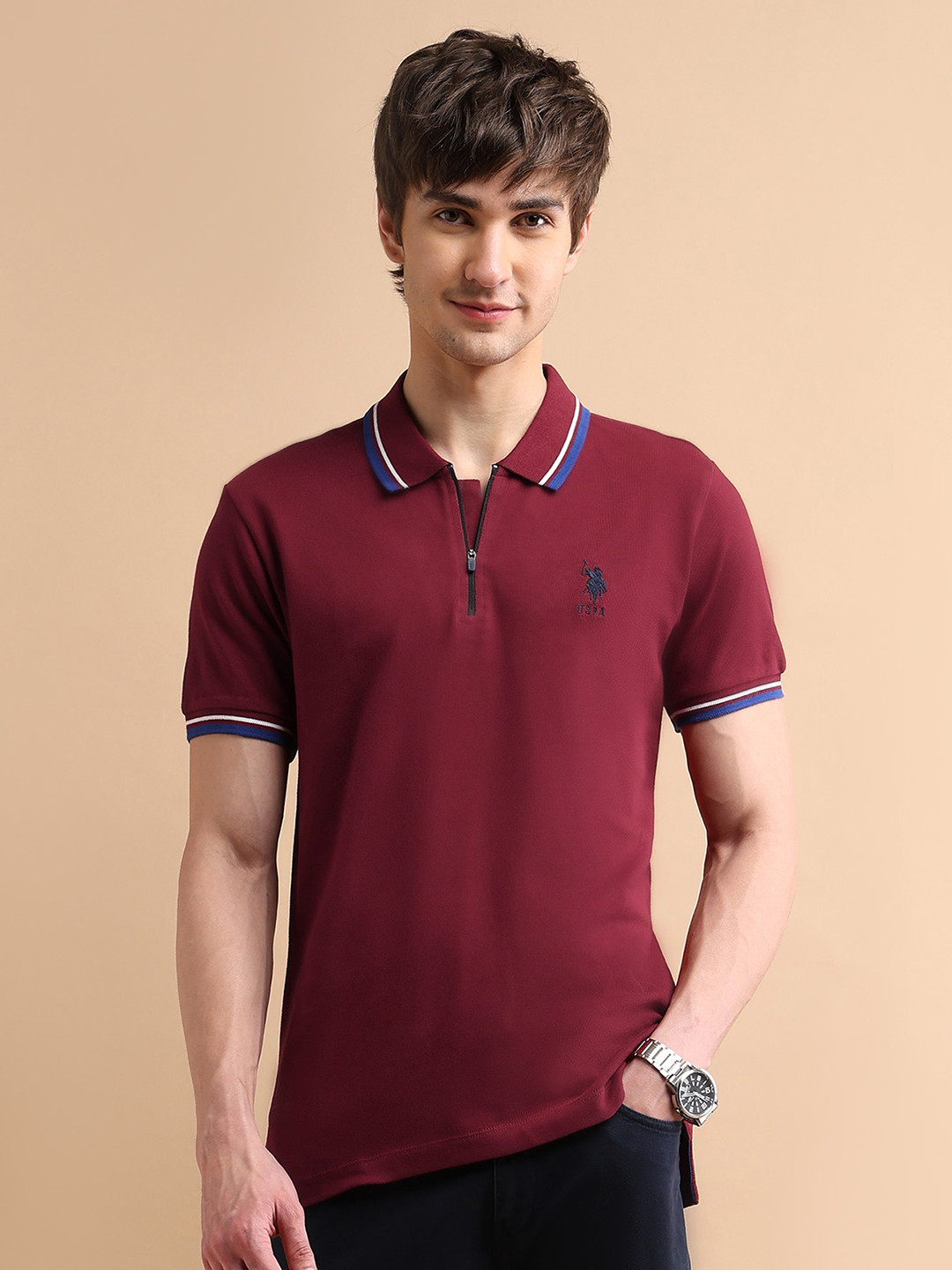 U.S. Polo Assn. Men Maroon Polo Collar Cotton T-shirt