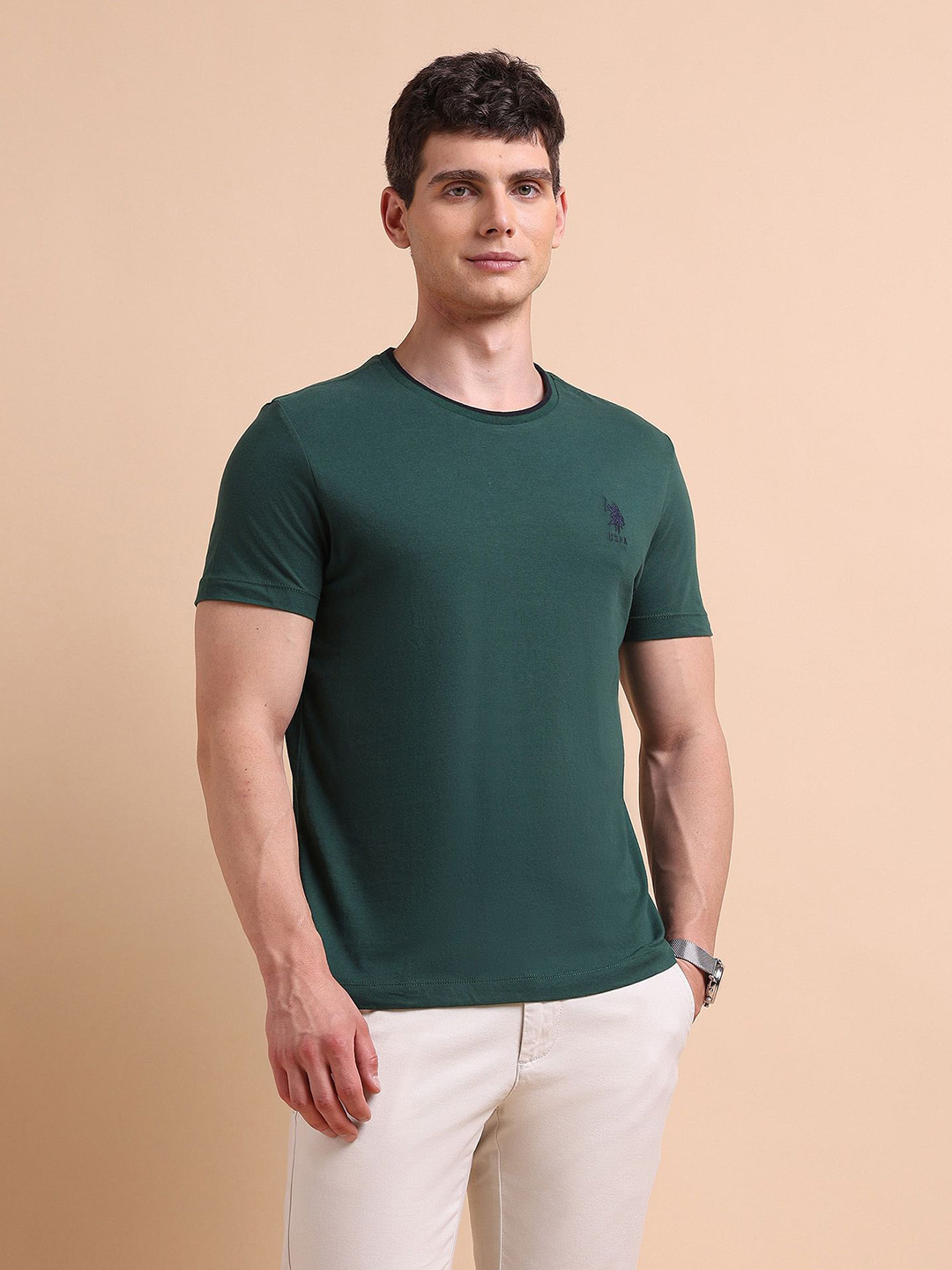 U.S. Polo Assn. Men Green Stretchy Tipped Cotton T-Shirt
