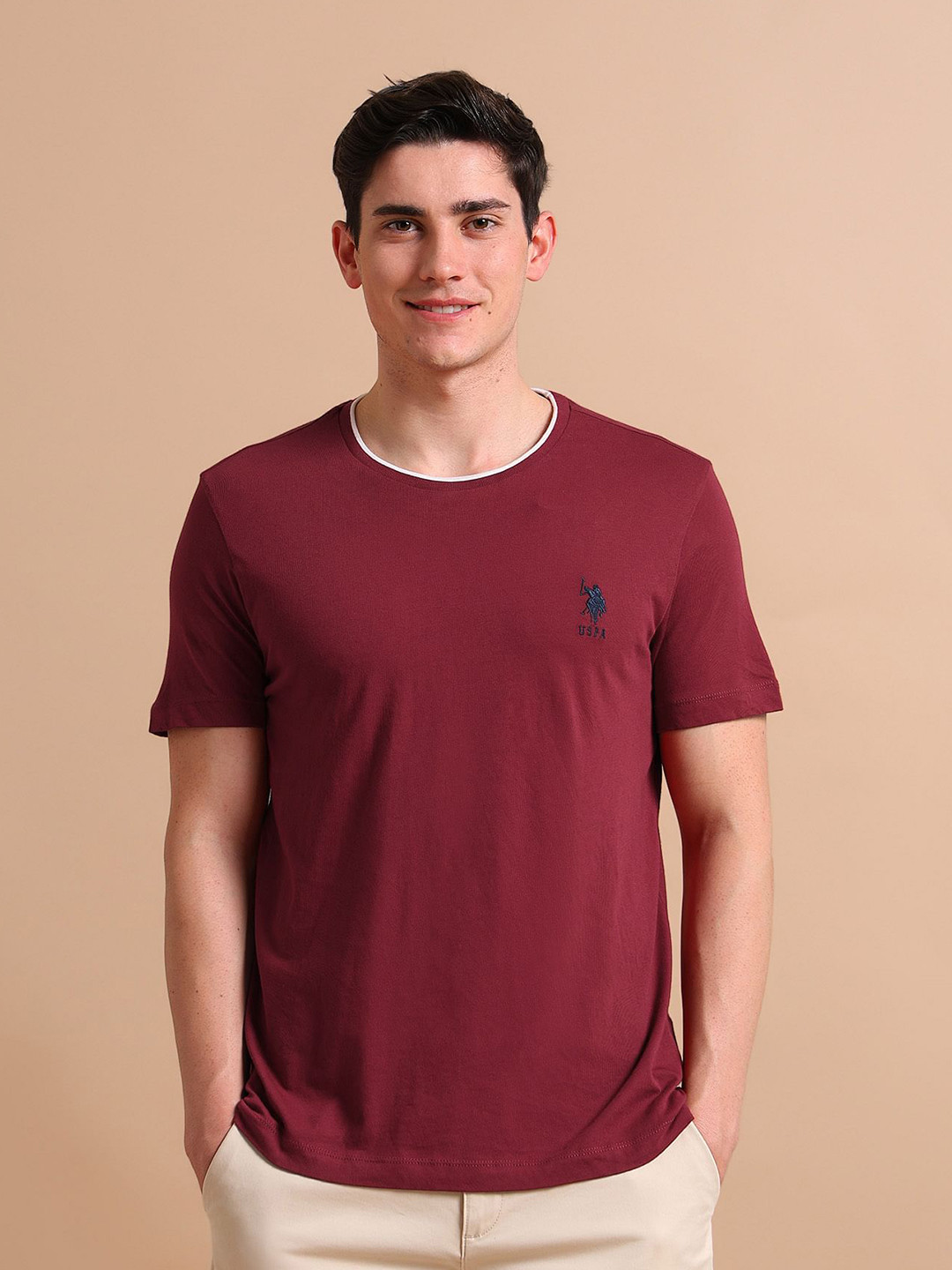U.S. Polo Assn. Men Maroon Stretchy Tipped Cotton T-Shirt