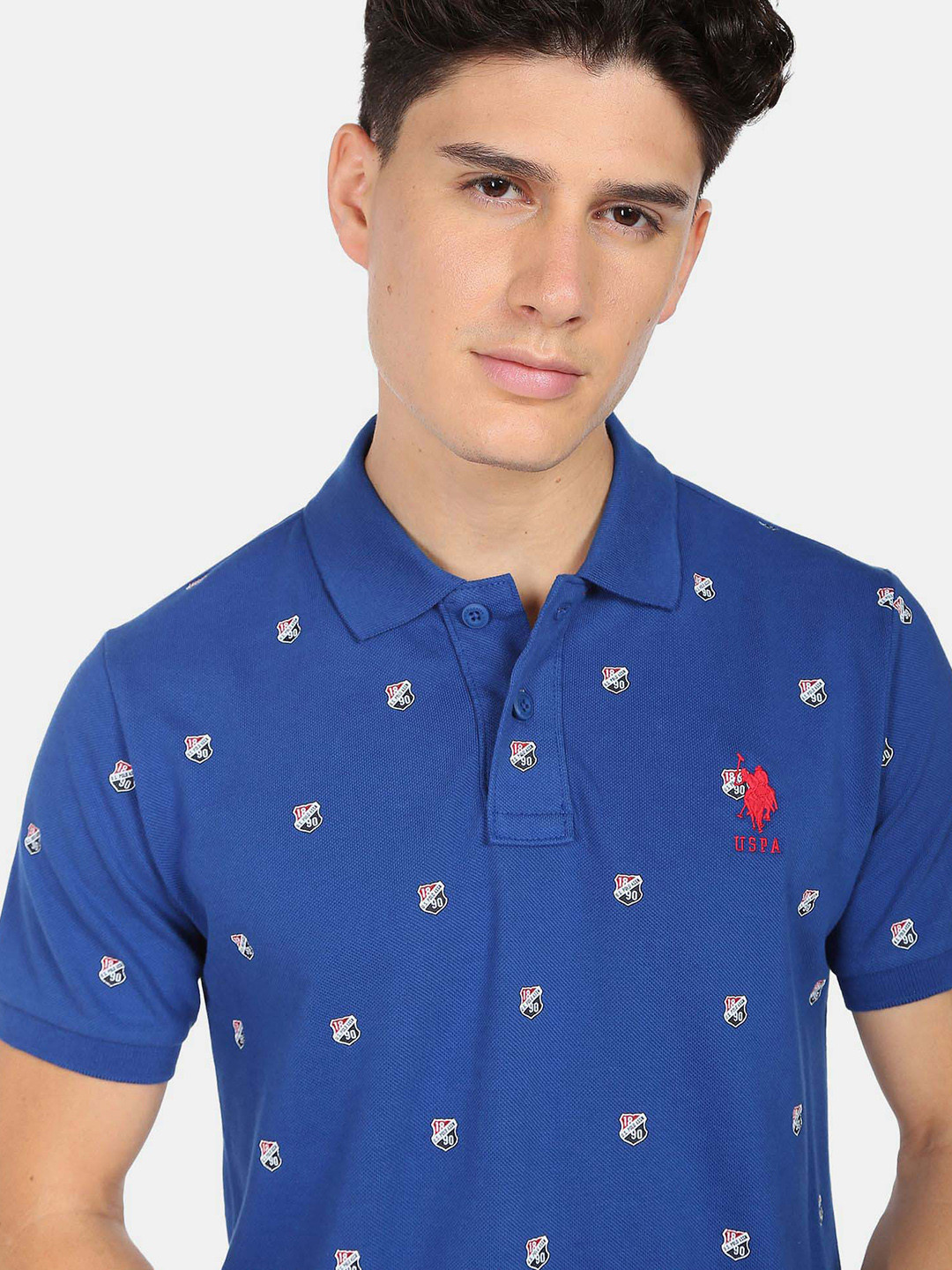 U.S. Polo Assn. Men Blue Shield Printed Polo Collar Cotton T-shirt