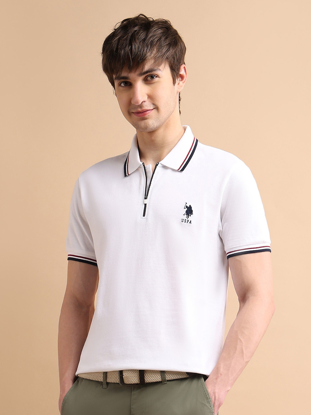 U.S. Polo Assn. Men White Zipper Polo Collar Cotton T-shirt