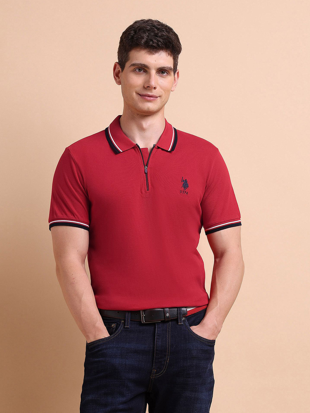U.S. Polo Assn. Men Red Zipper Polo Collar Cotton T-shirt