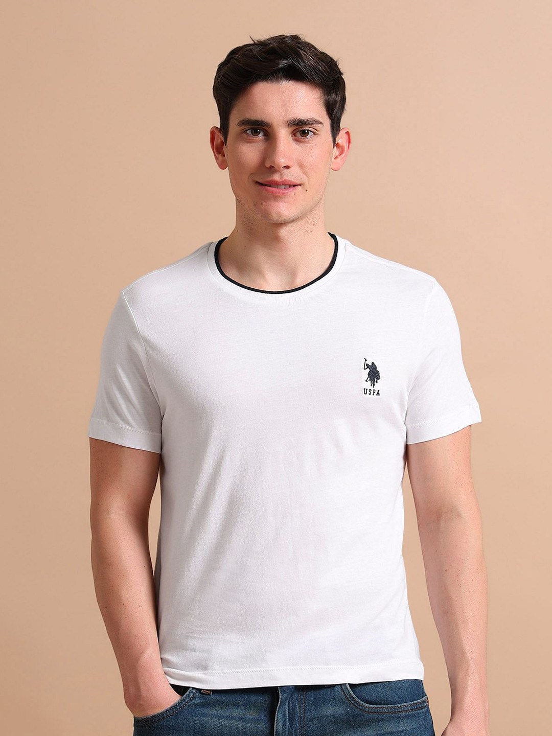 U.S. Polo Assn. Men White Stretchy Tipped Cotton T-Shirt