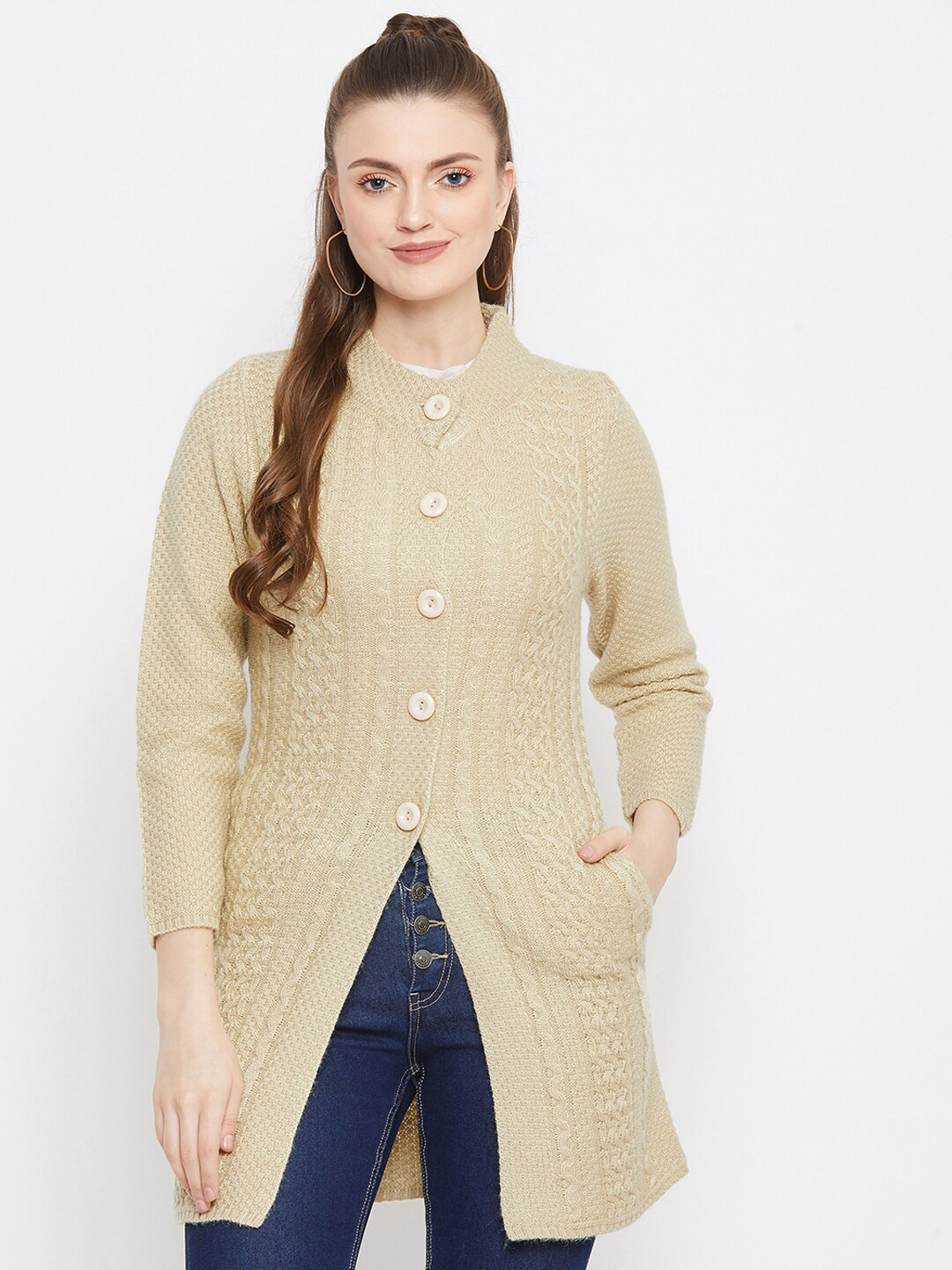 Zigo Women Cream Coloured Cable Knit Wool Longline Cardigan