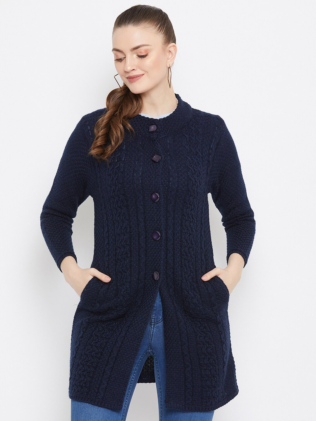 Zigo Women Navy Blue Cable Knit Wool Longline Cardigan