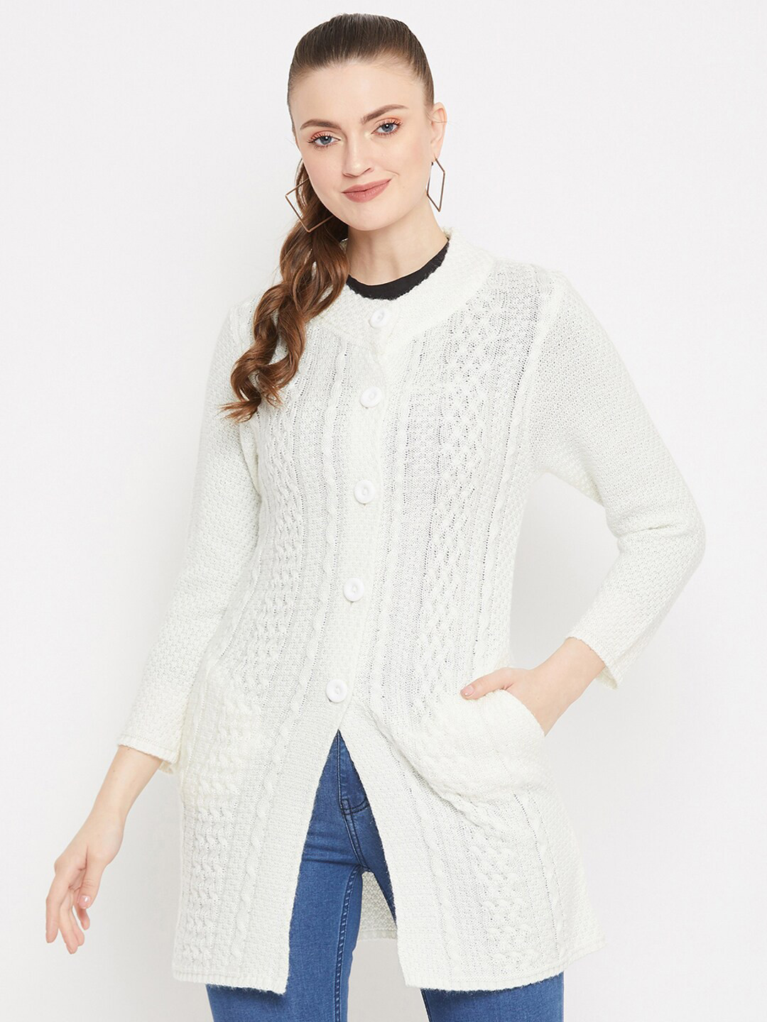 Zigo Women White Cable Knit Wool Longline Cardigan