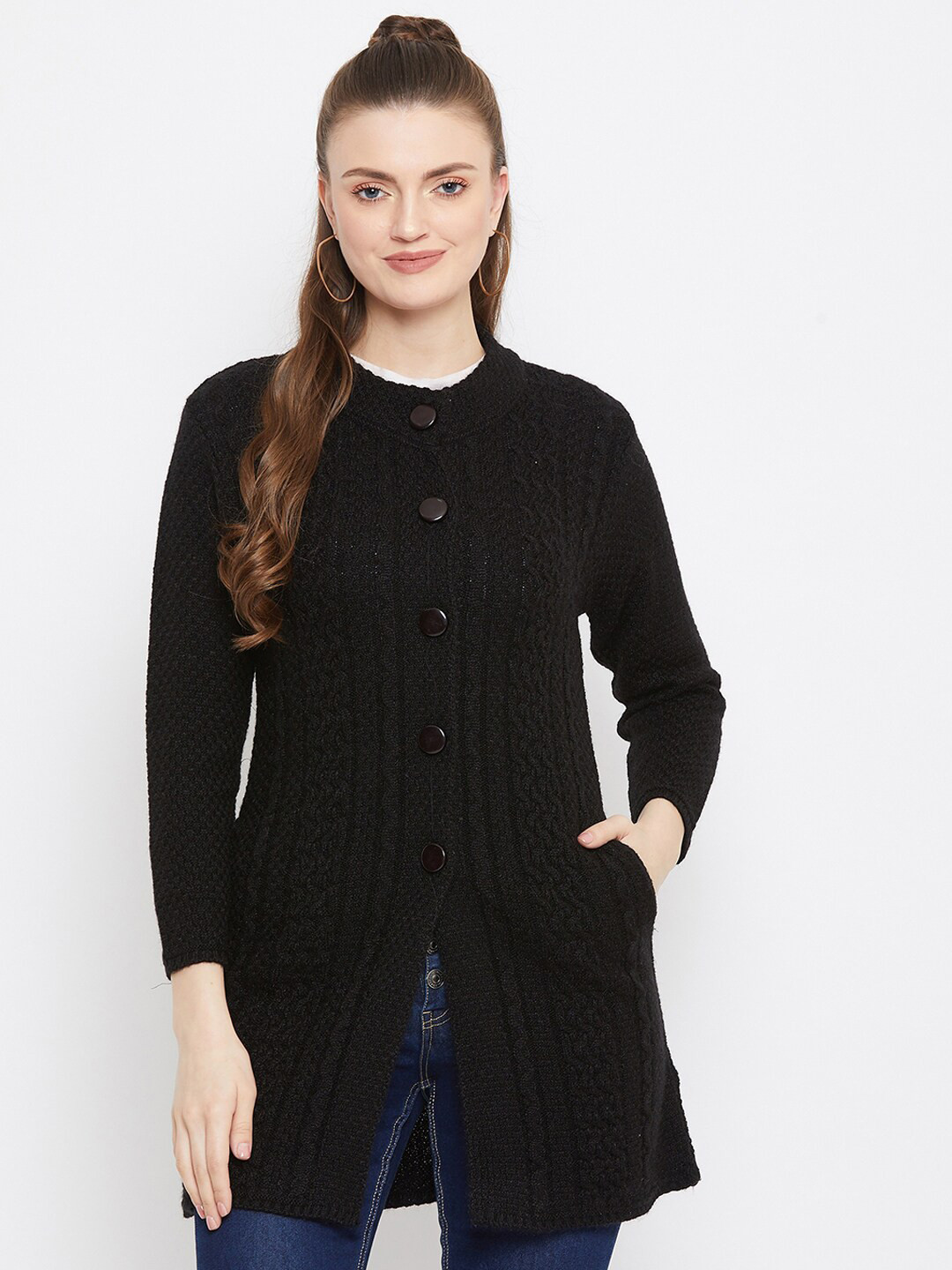Zigo Women Black Cable Knit Wool Longline Cardigan