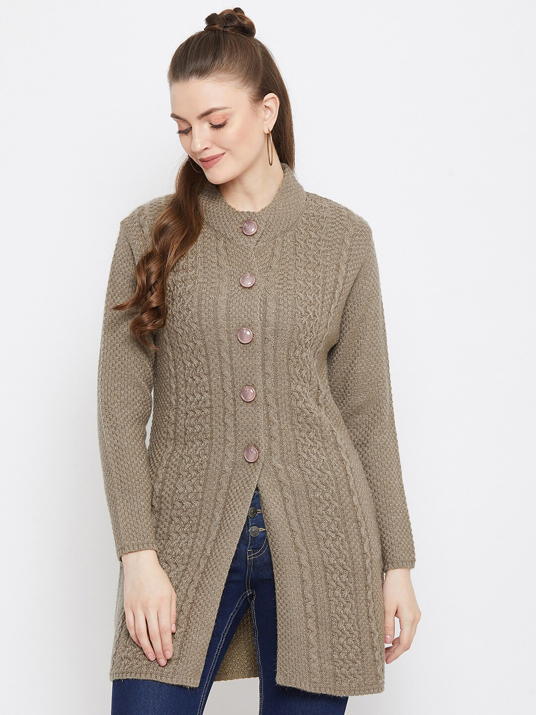 Zigo Women Olive Green Cable Knit Wool Longline Cardigan
