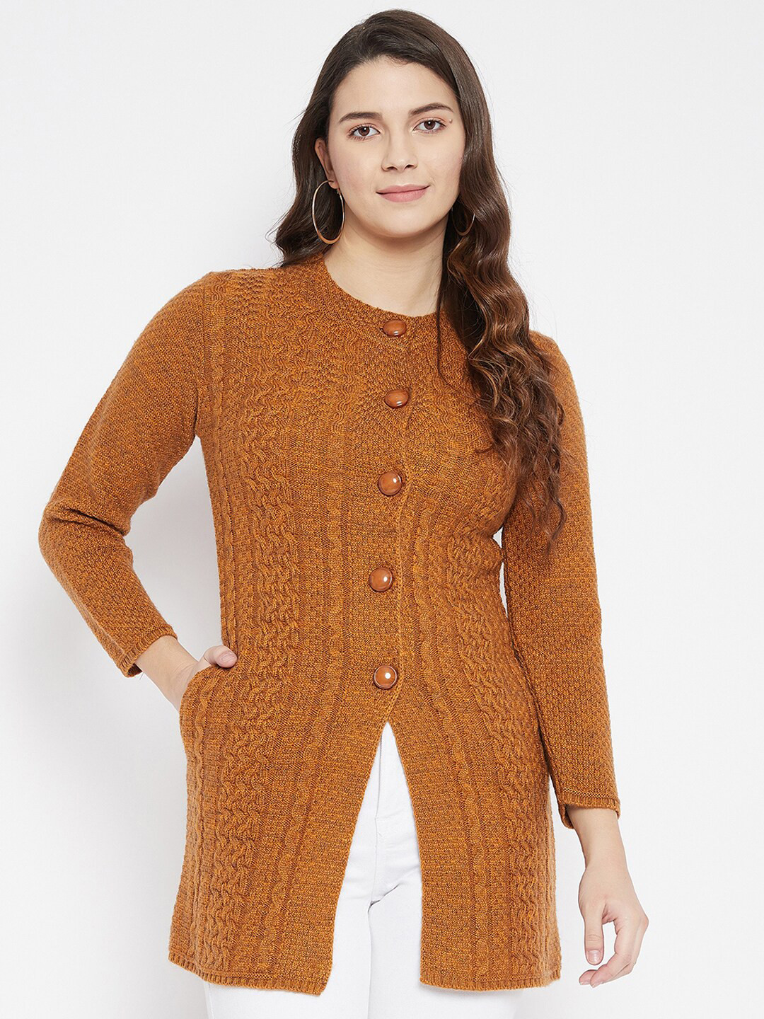 Zigo Women Mustard Cable Knit Wool Longline Cardigan