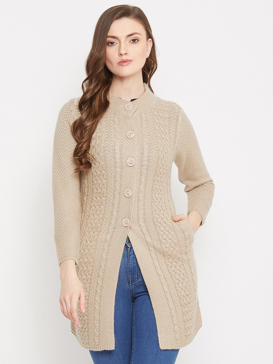 Zigo Women Beige Cable Knit Wool Longline Cardigan