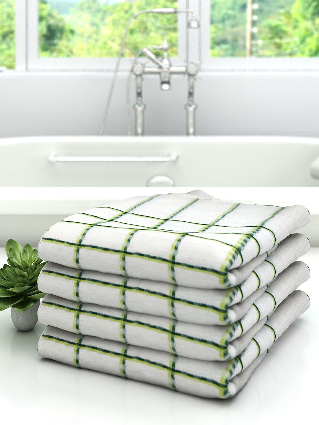 Athom Trendz Set Of 4 White & Green Striped 510 GSM Pure Cotton Bath Towels