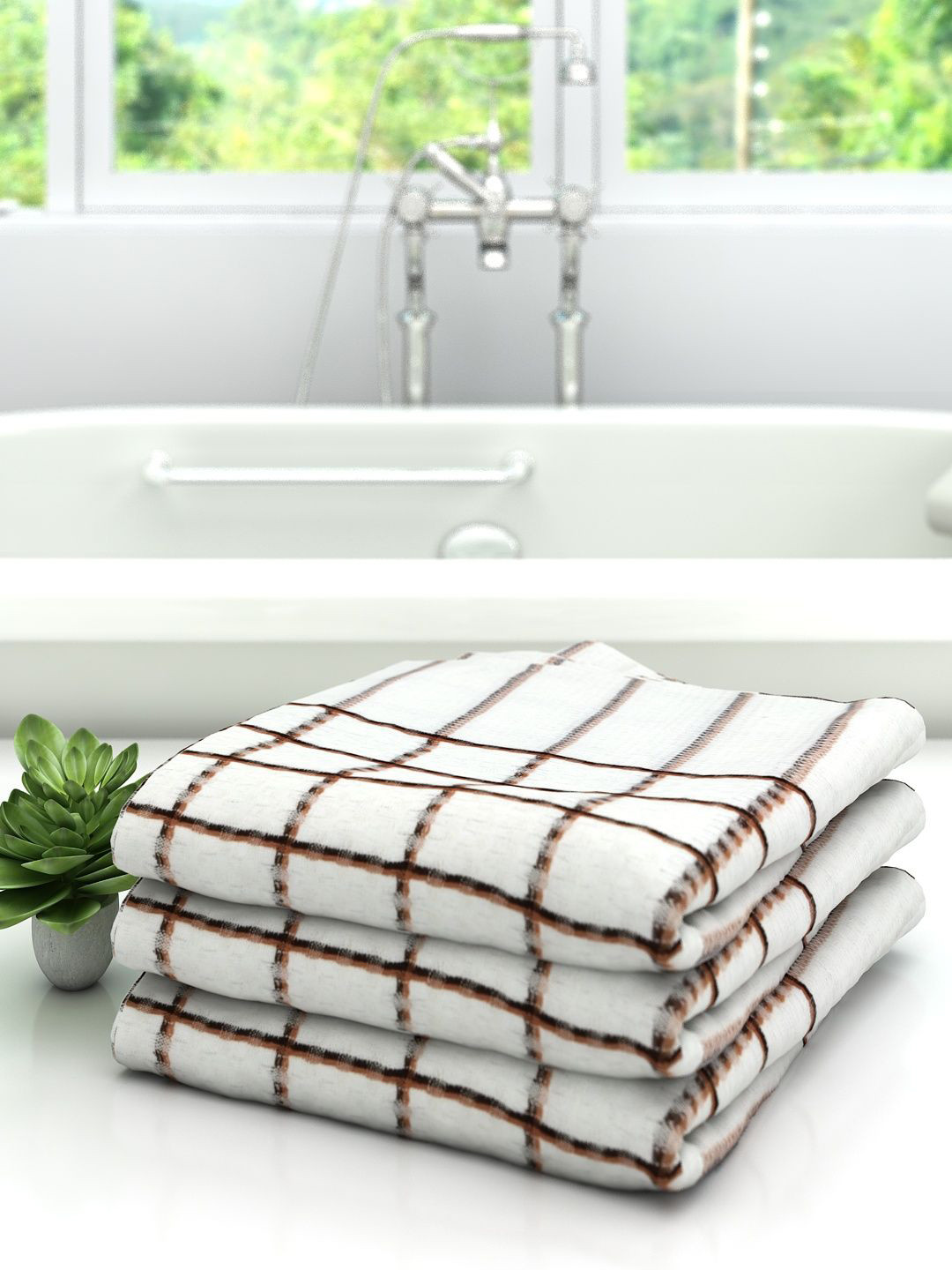 Athom Trendz Set Of 3 White & Brown Striped 510 GSM Pure Cotton Bath Towels