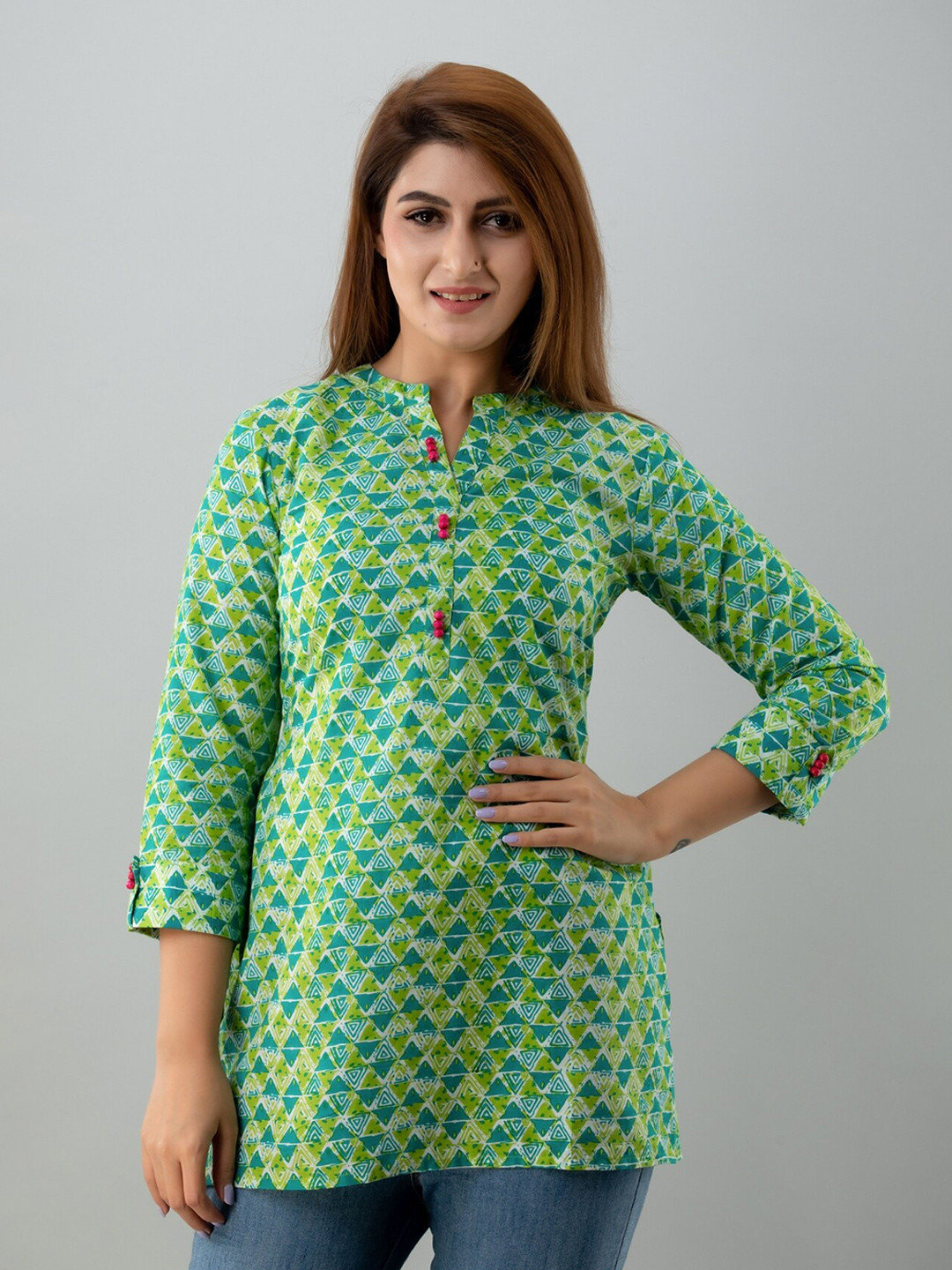 IRIDAA JAIPUR Green & White Mandarin Collar Printed Cotton Tunic