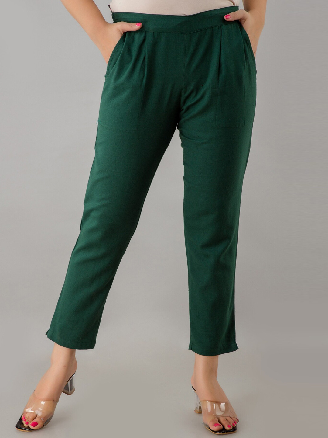 IRIDAA JAIPUR Women Green Solid Cotton Flex Trousers