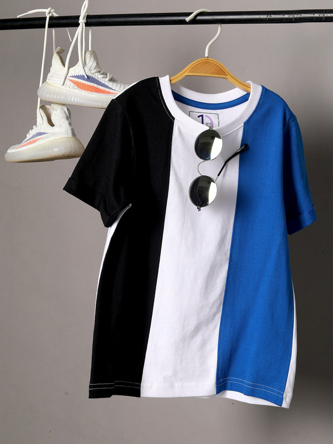 Jumping Joey Boys White & Blue Colourblocked Pure Cotton T-shirt