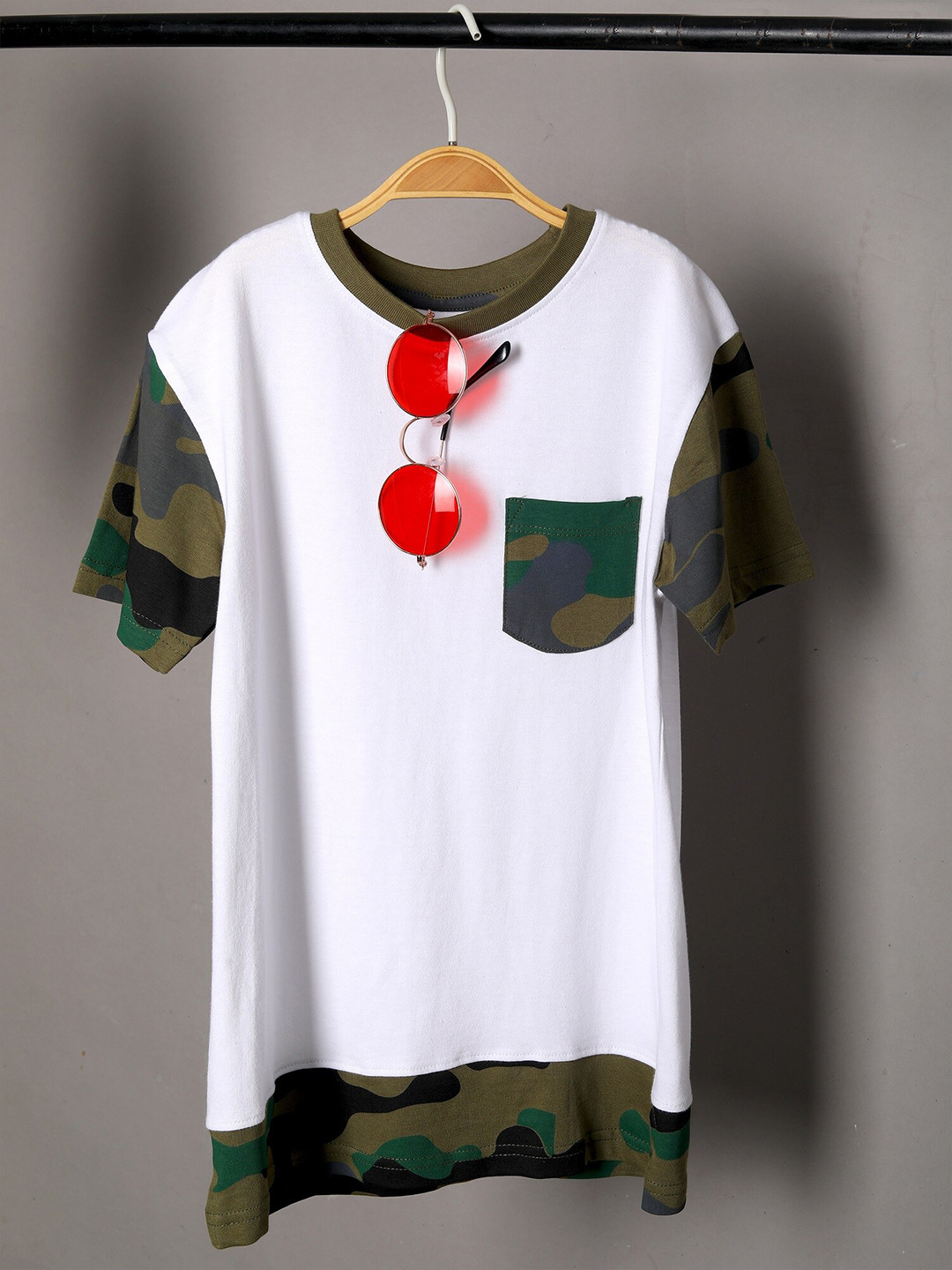Jumping Joey Boys White & Olive Green Drop-Shoulder Sleeves Pure Cotton T-shirt