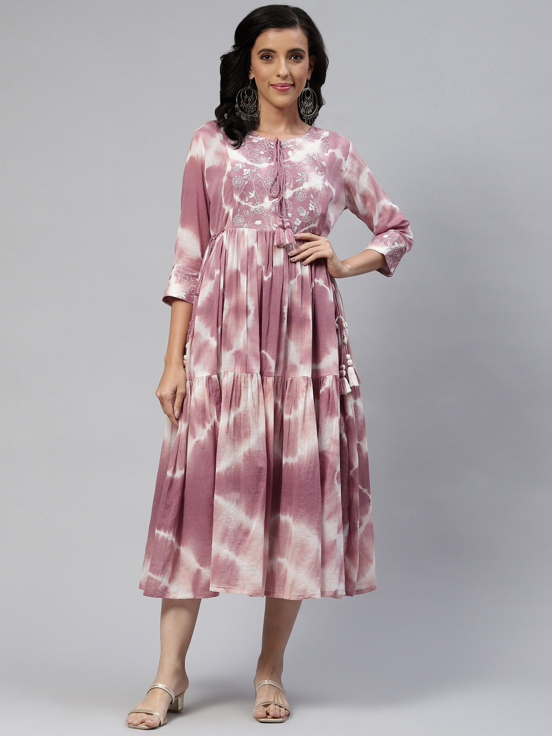 Readiprint Mauve & White Cotton Tie & Dye Embroidered Tie-Up Neck Midi Dress