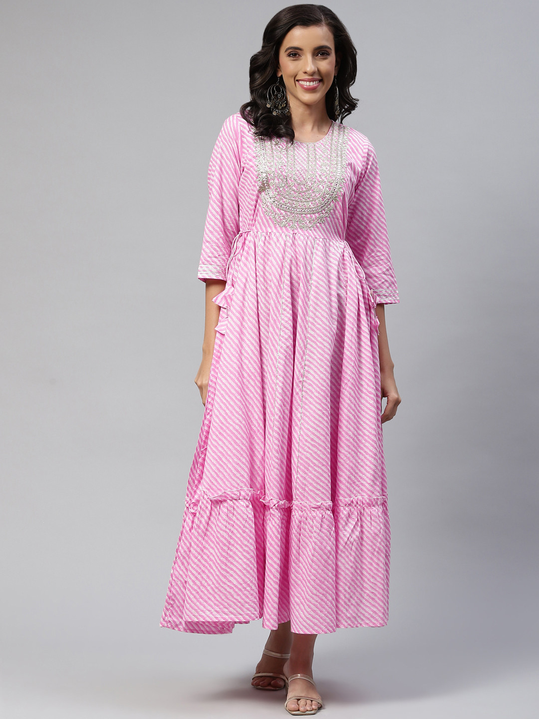 Readiprint Pink & White Cotton Leheriya Embroidered Tiered Ethnic Maxi Dress