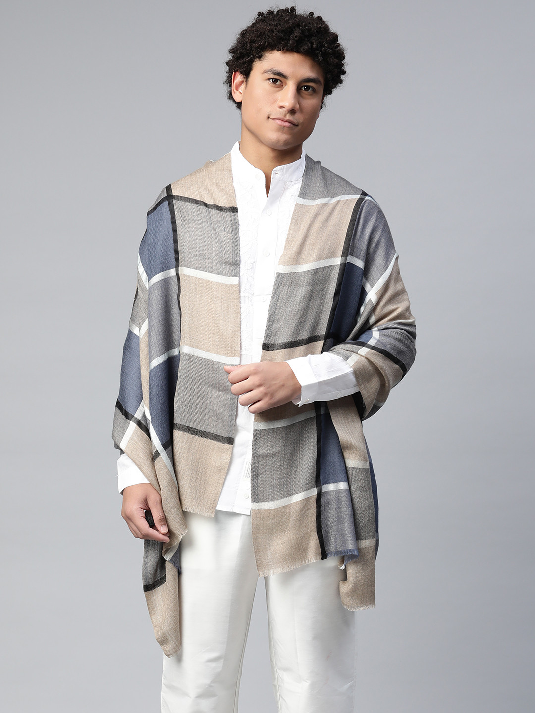 MODARTA Men Beige & Blue Checked Frayed Hem Woollen Shawl