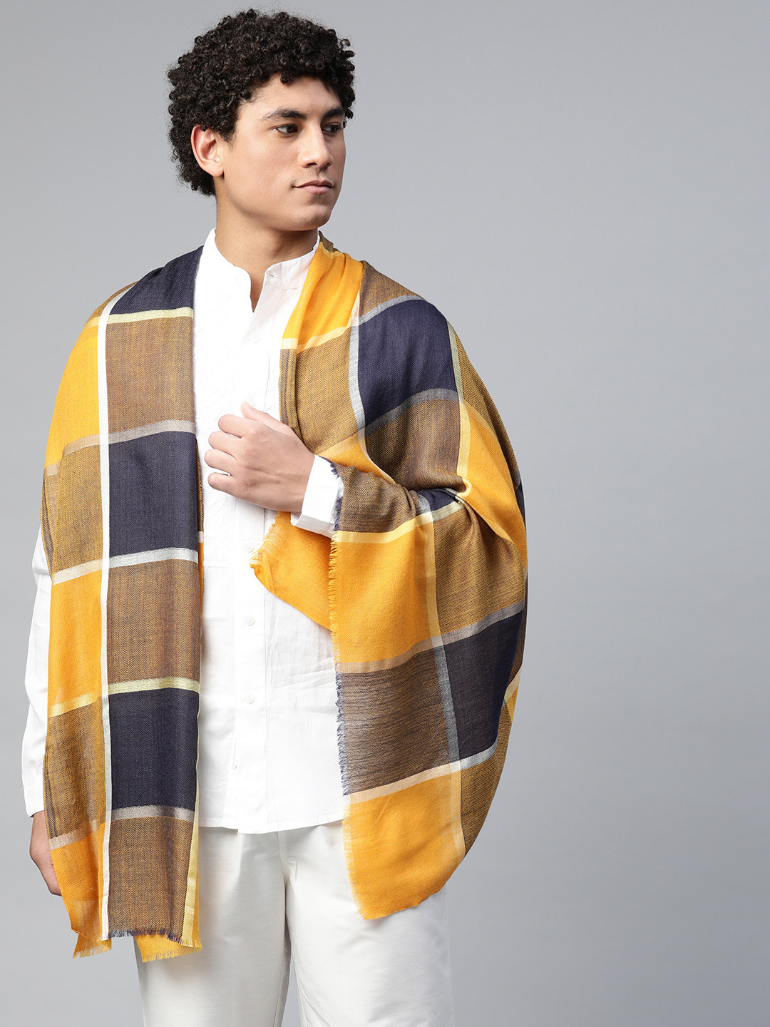MODARTA Men Navy Blue & Yellow Checked Fringed Hem Shawl