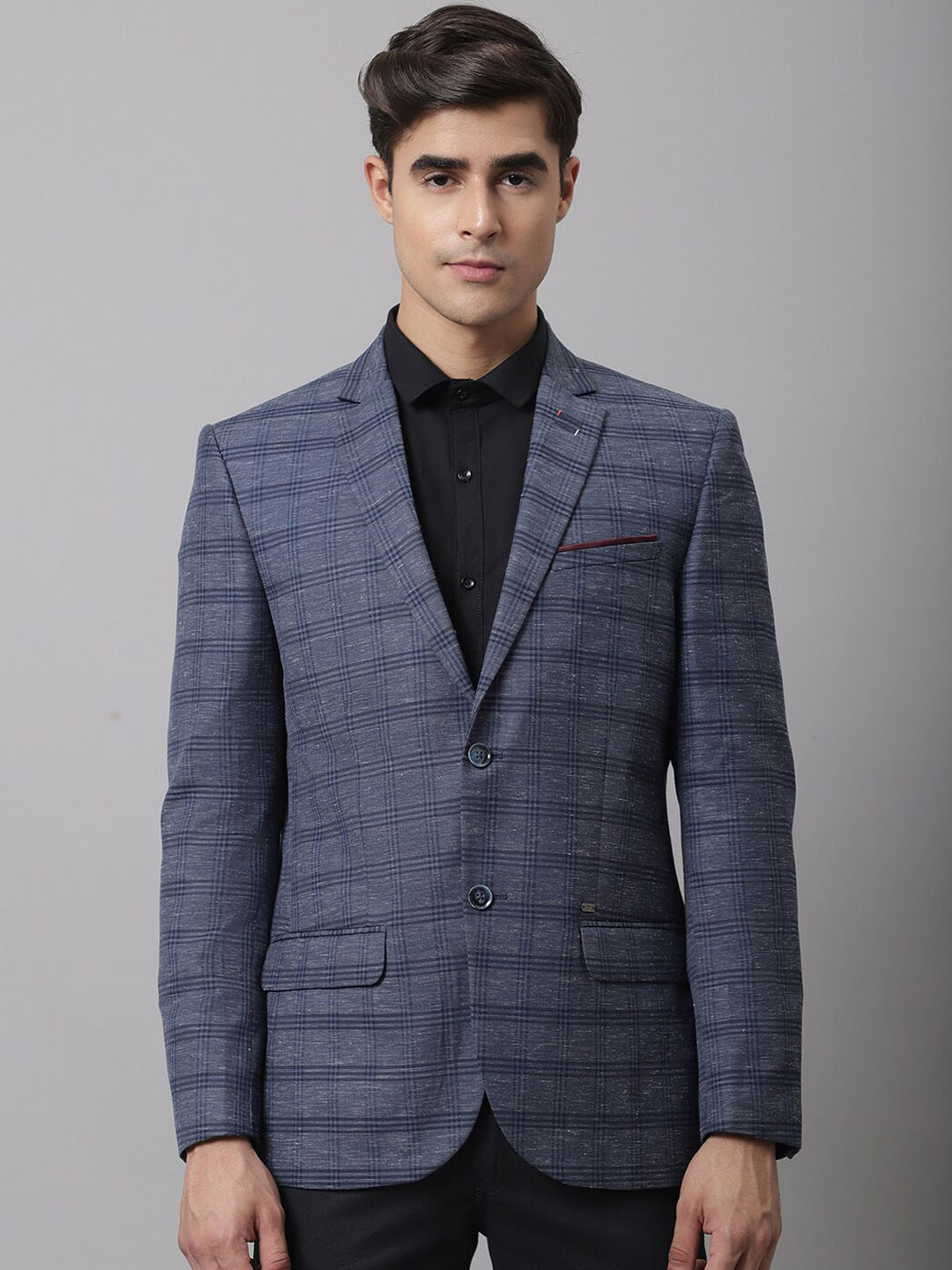 Cantabil Men Navy Blue Checked Single Breasted Formal Blazer