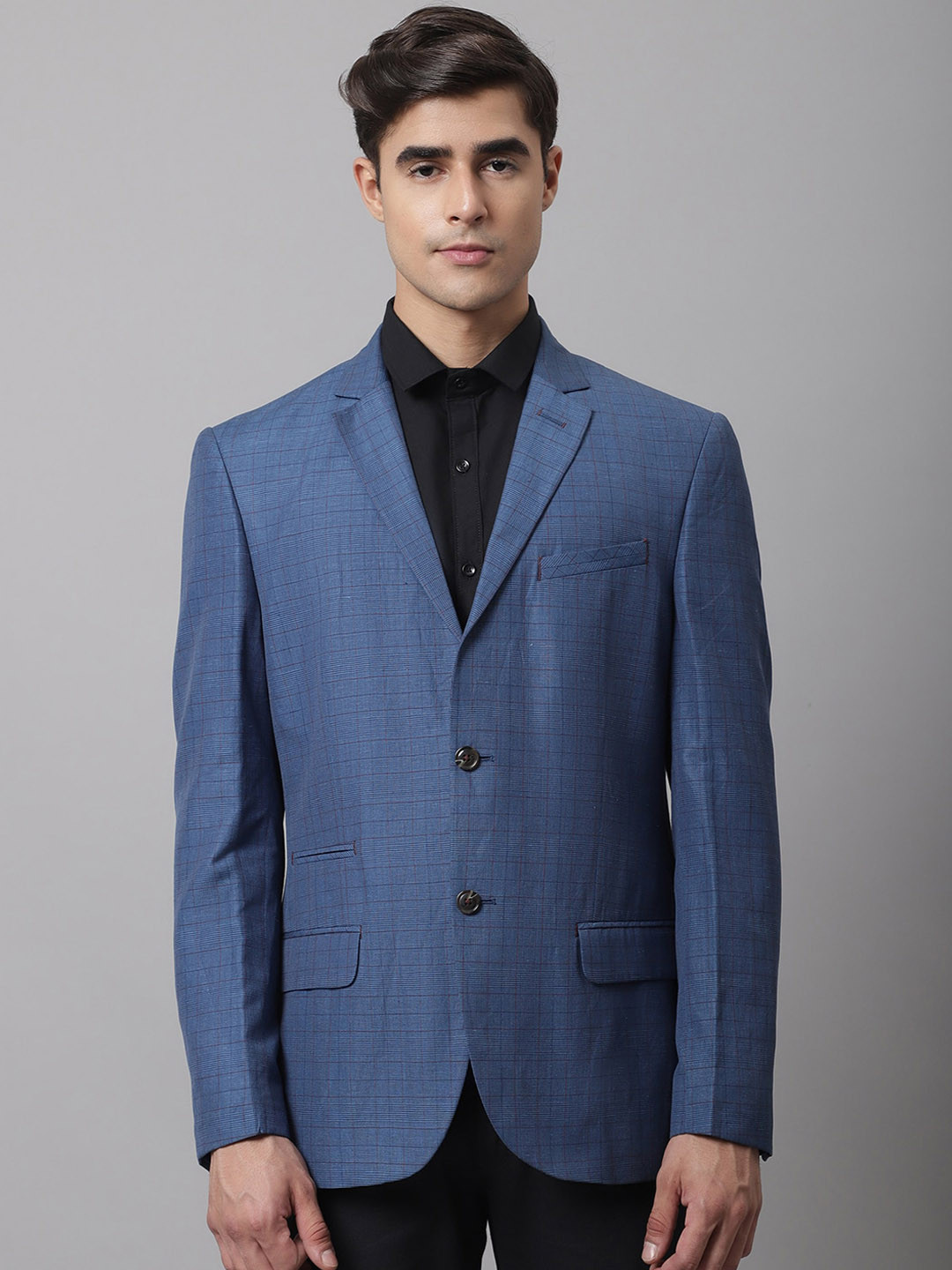 Cantabil Men Blue Checked Single-Breasted Suede Formal Blazers