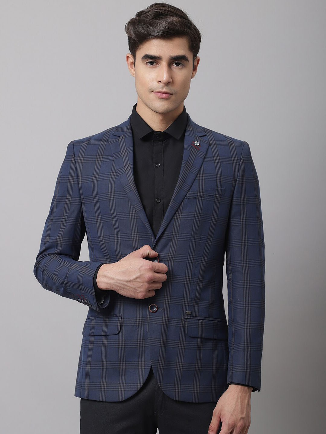 Cantabil Men Navy Blue Checked Single-Breasted Formal Blazer