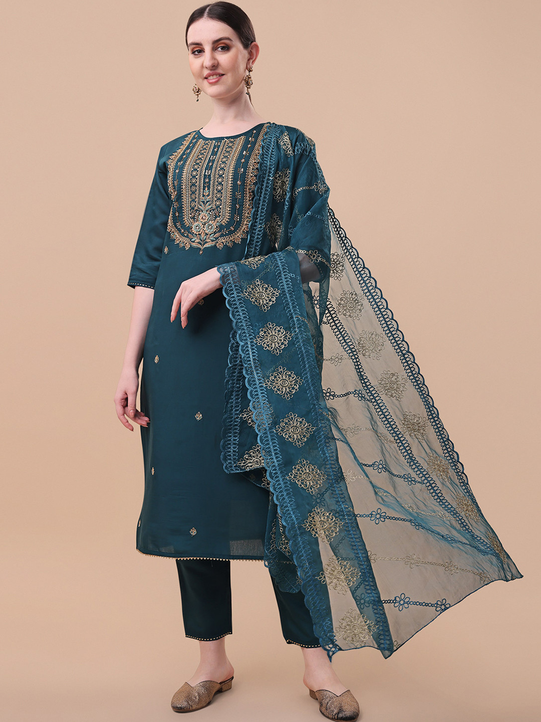 Berrylicious Women Teal Ethnic Motifs Chanderi Cotton Kurta with Trousers & Dupatta