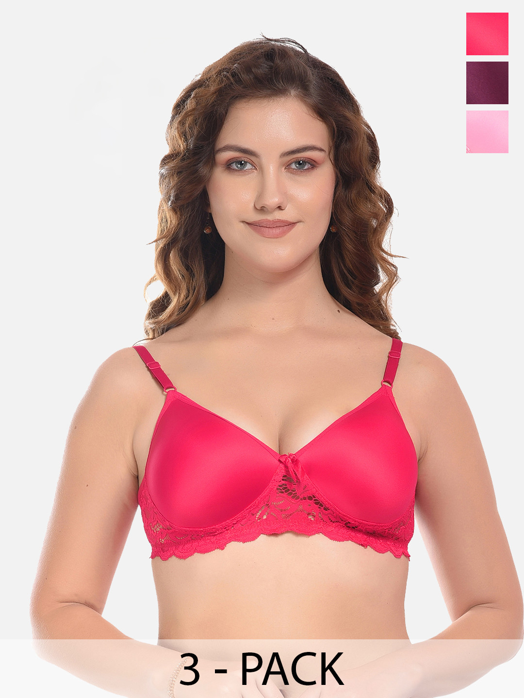 FIMS Purple & Magenta Pack of 3 Cotton Lightly Padded Bra