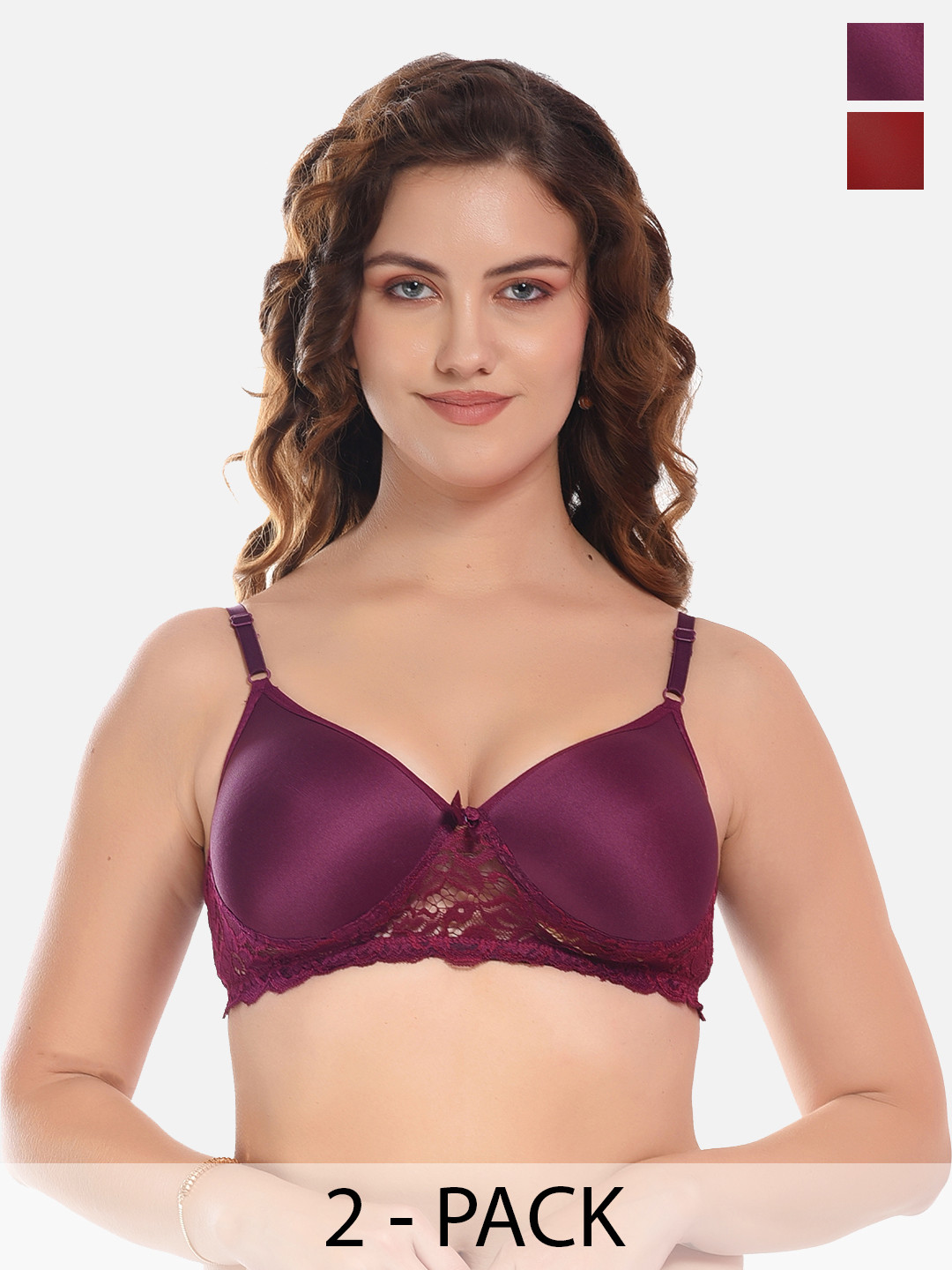 FIMS Burgundy & Purple Pack of 2 Cotton Lightly Padded Bra