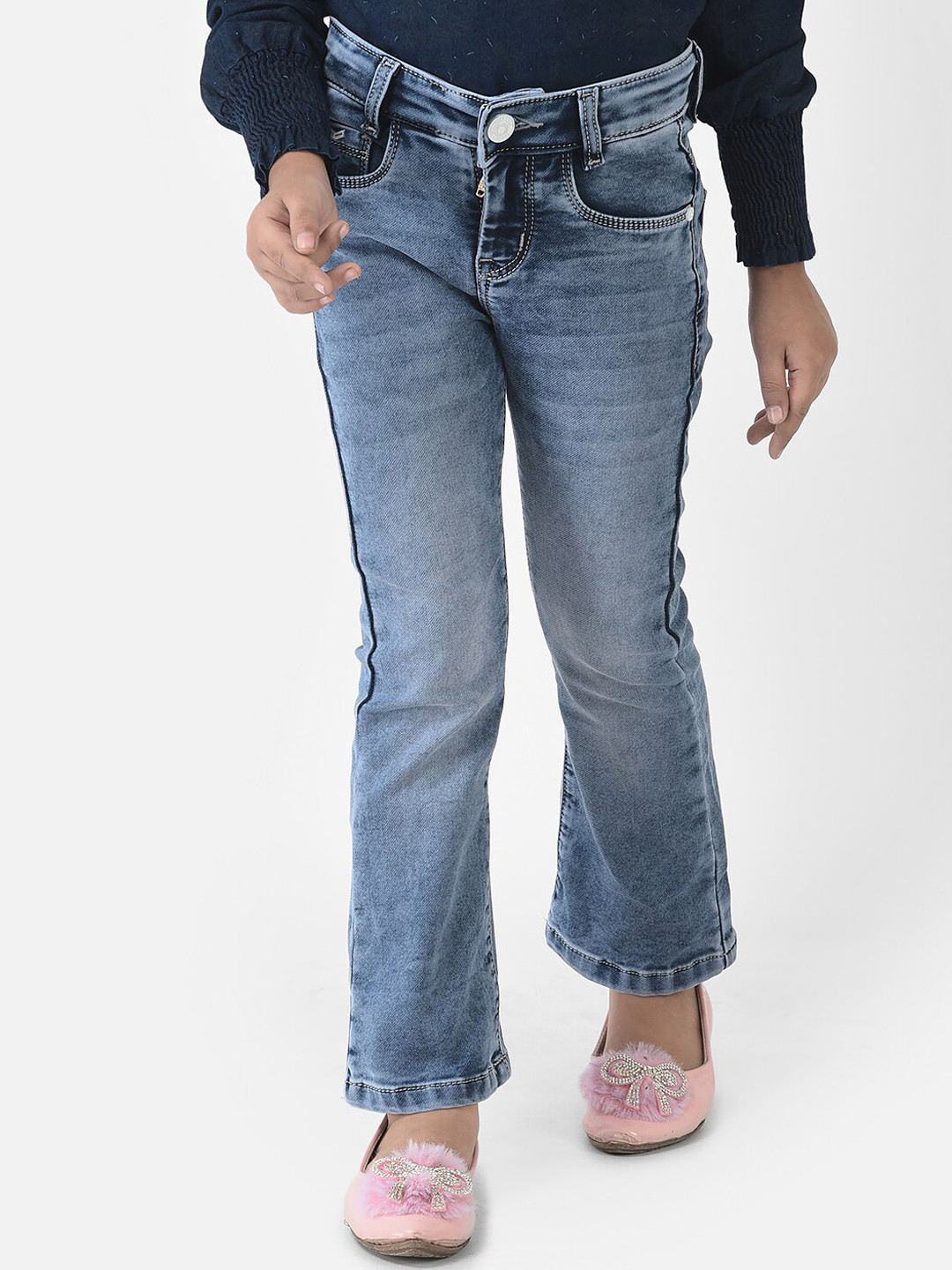 Crimsoune Club Girls Blue Bootcut Heavy Fade Stretchable Jeans