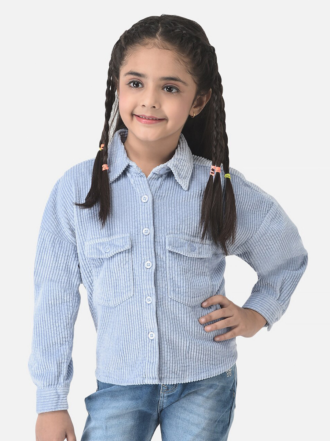 Crimsoune Club Girls Blue Comfort Pure Cotton Corduroy Casual Shirt