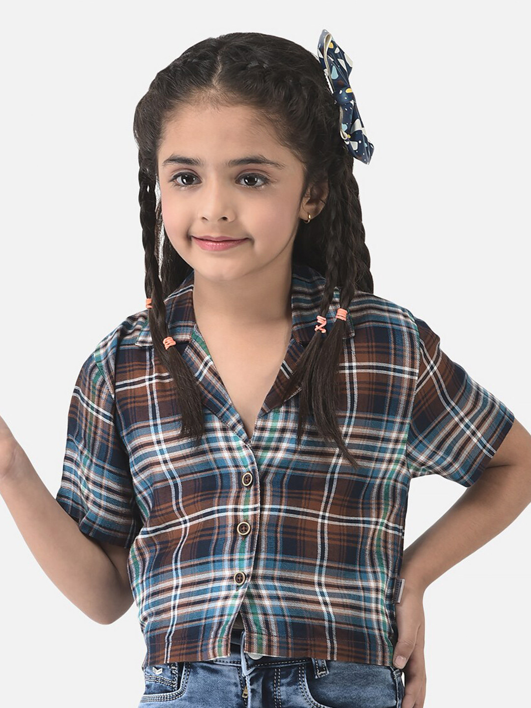 Crimsoune Club Girls Brown Comfort Tartan Checks Lyocell Casual Shirt