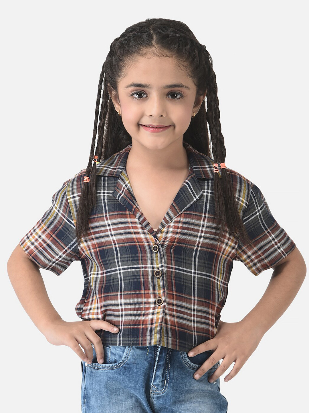 Crimsoune Club Girls Olive Green Comfort Tartan Checks Lyocell Casual Shirt