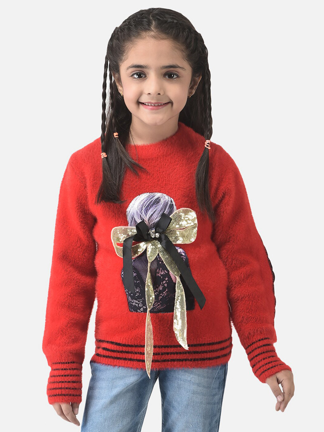 Crimsoune Club Girls Red & Black Ribbed Pullover Sweater