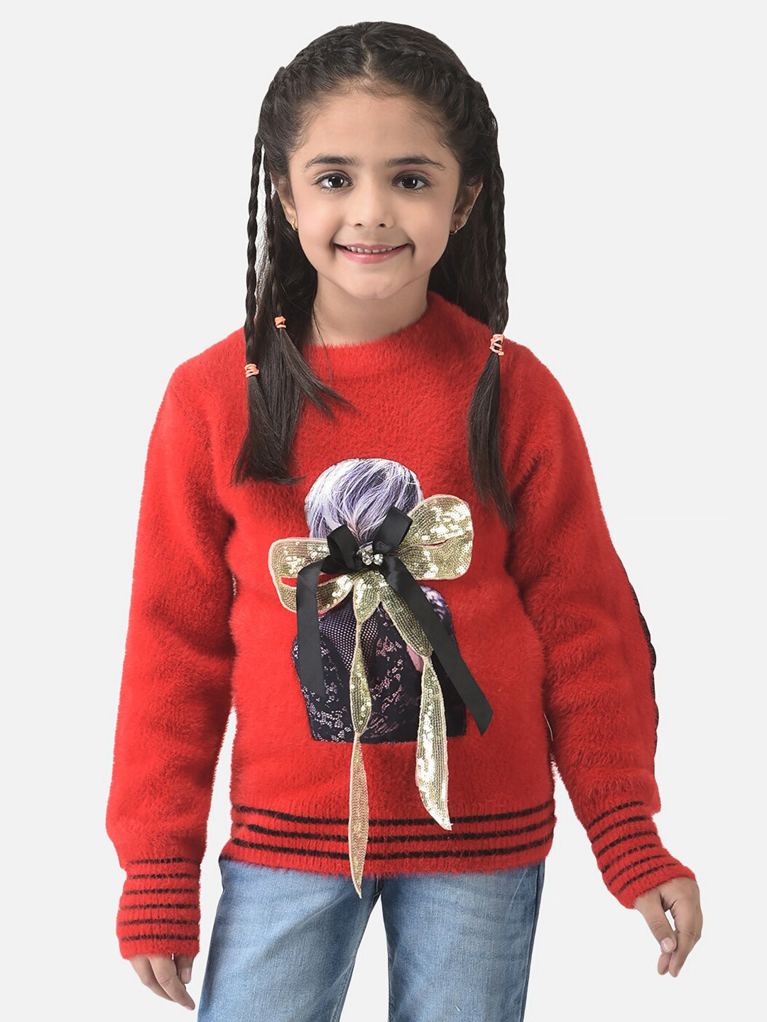 Crimsoune Club Girls Red & Black Printed Ribbed Pullover Sweater
