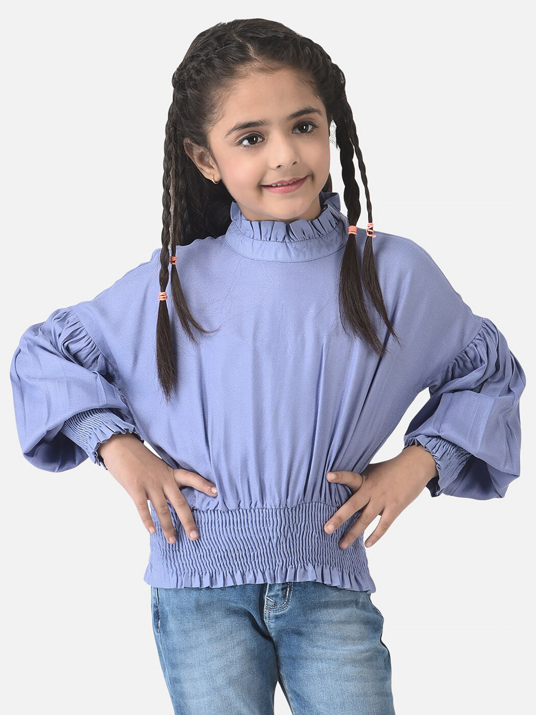 Crimsoune Club Girls Violet Extended Sleeves Lyocell Smocked Blouson Top